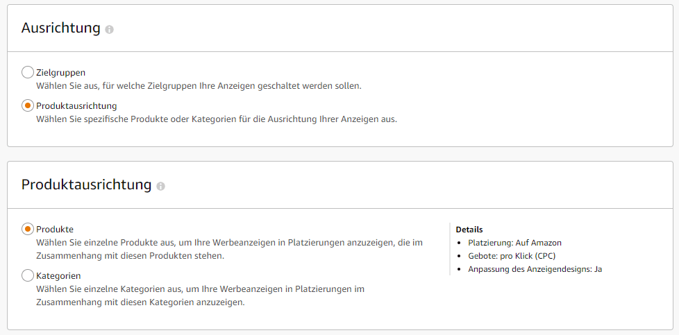 Sponsored-Display - Produkt-Ausrichtung auswählen
