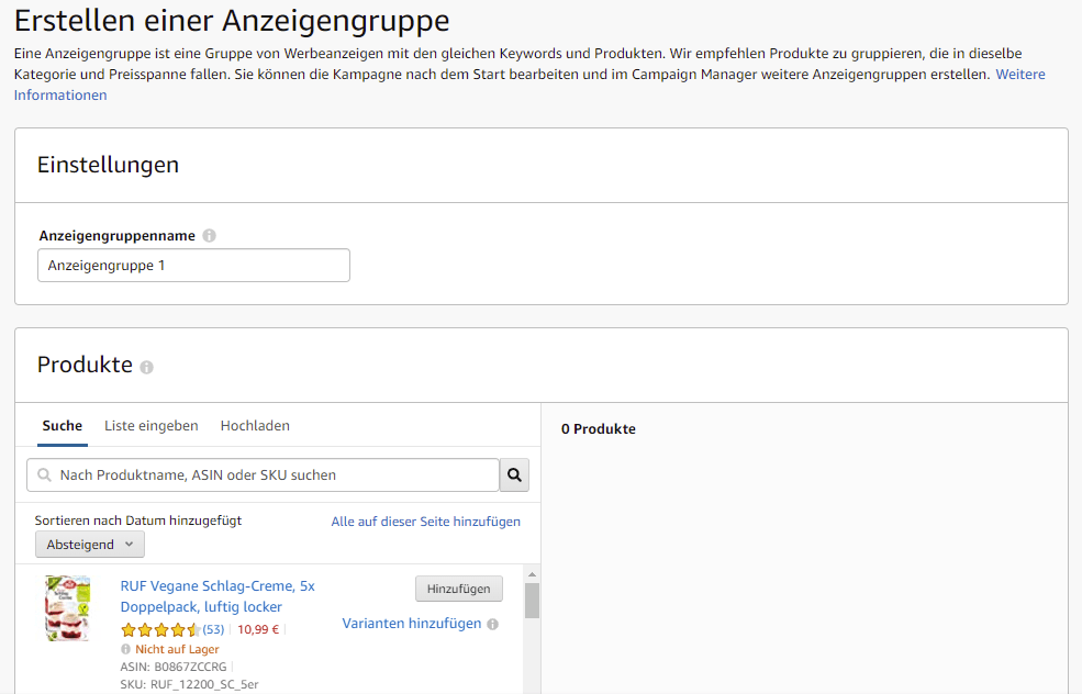 Anzeigengruppen für Sponsored Products erstellen