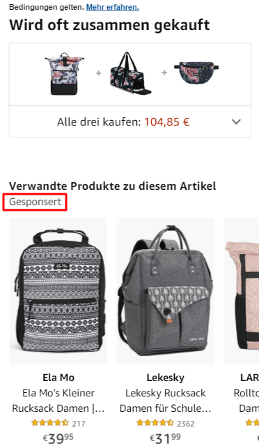 Amazon Sponsored Products Anzeigen auf der Produktdetailseite in mobiler Ansicht