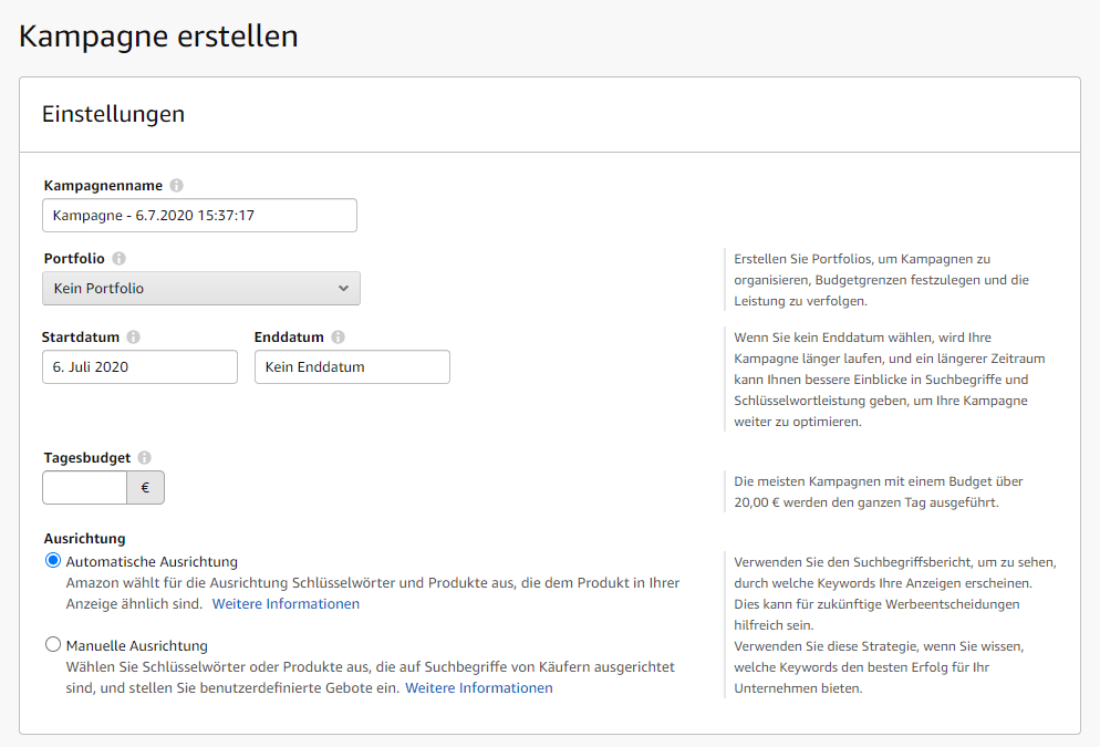 Neue Amazon Sponsored Products Kampagne anlegen