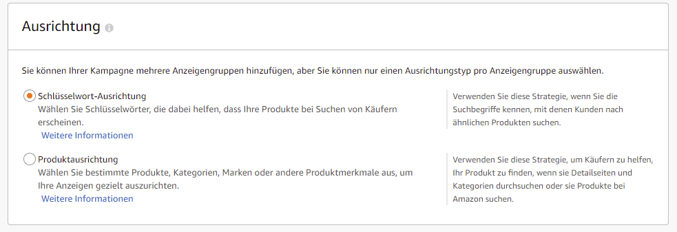 Ausrichtungsoptionen für Sponsored Products Kampagne mit manueller Ausrichtung