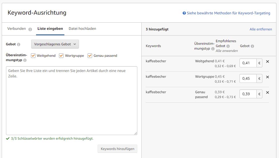 Erstellen einer Keyword-Liste und anschließendem Eintragen von Geboten