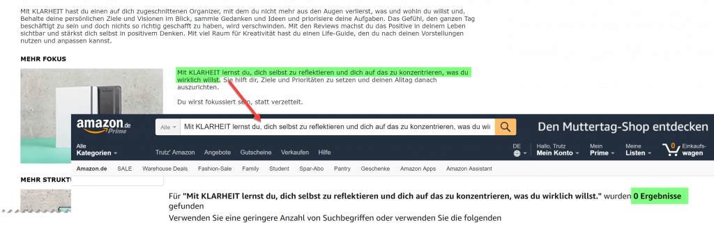 Brand enhanced content mit Beispiel der fehlenden Indexierung des Textes