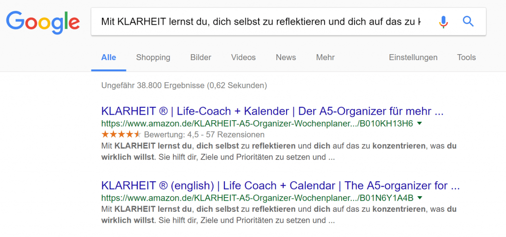 Beispiel der Indexierung des Enhanced Brand Content Amazons auf Google