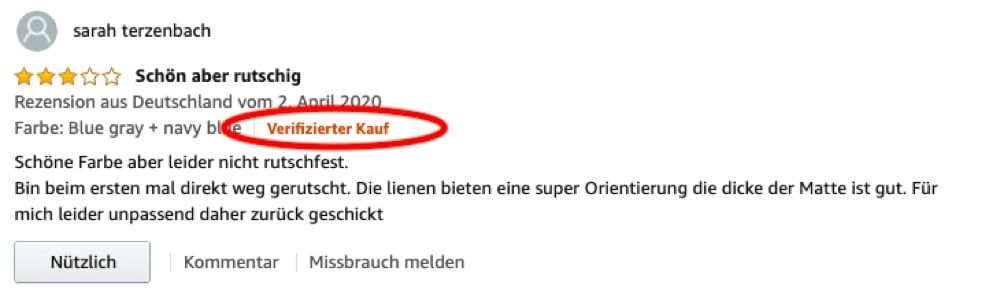 Abbildung einer Amazon Rezension als verifizierter Kauf