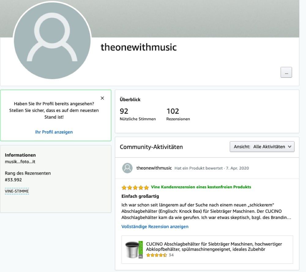 Öffentliches Profil eines Amazon Vine Produkttesters