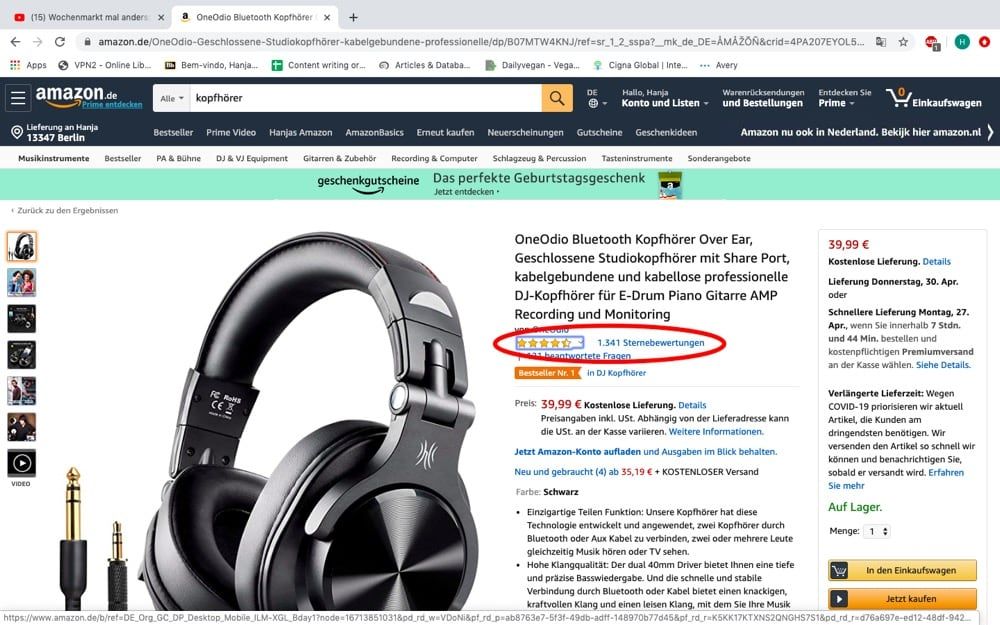 Anzeige der Amazon Sternebewertungen auf der Produktdetailseite above-the-fold