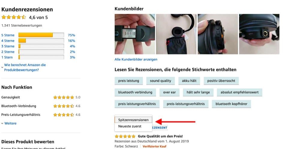 Amazon Rezension filtern nach Neueste zuerst und Spitzenrezensionen