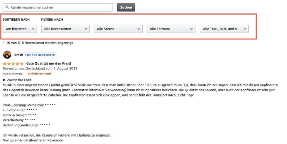 Möglichkeiten Amazon Rezensionen zu filtern und zu sortieren