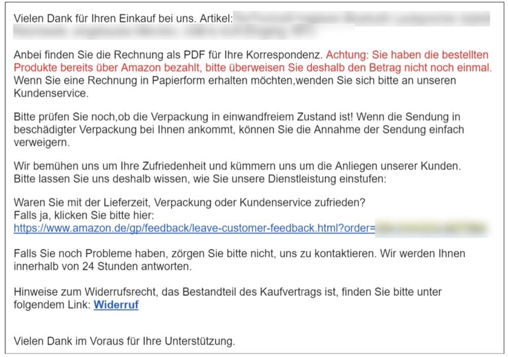 Aufforderung zur Abgabe einer Amazon Bewertung via E-Mail