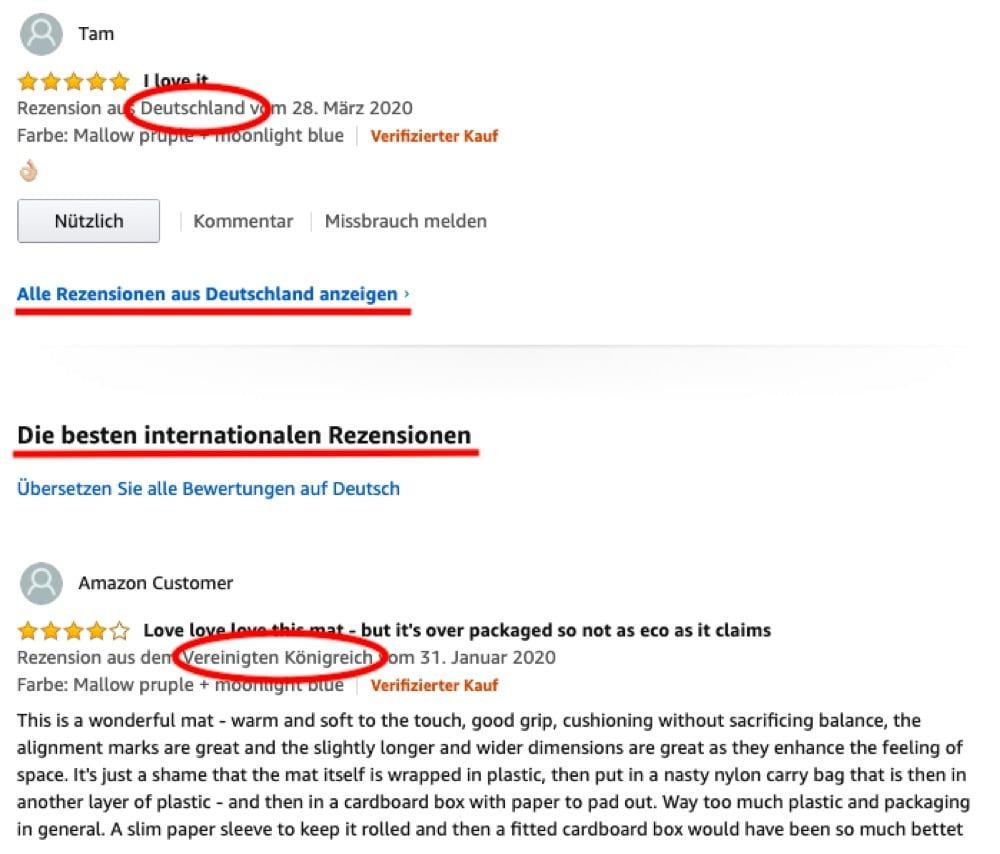 Abbildung einer nationalen und einer internationalen Amazon Rezension