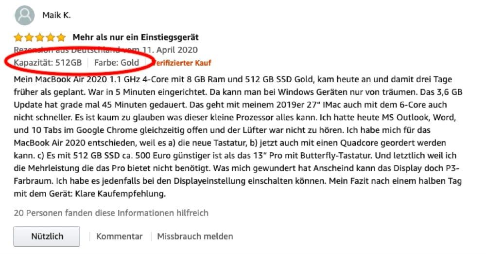 Abbildung einer Amazon Rezension mit der Angabe der Produktvariante