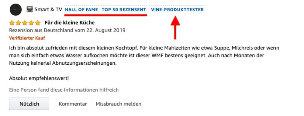 Abbildung eines Amazon Rezensenten mit mehreren Amazon Badges