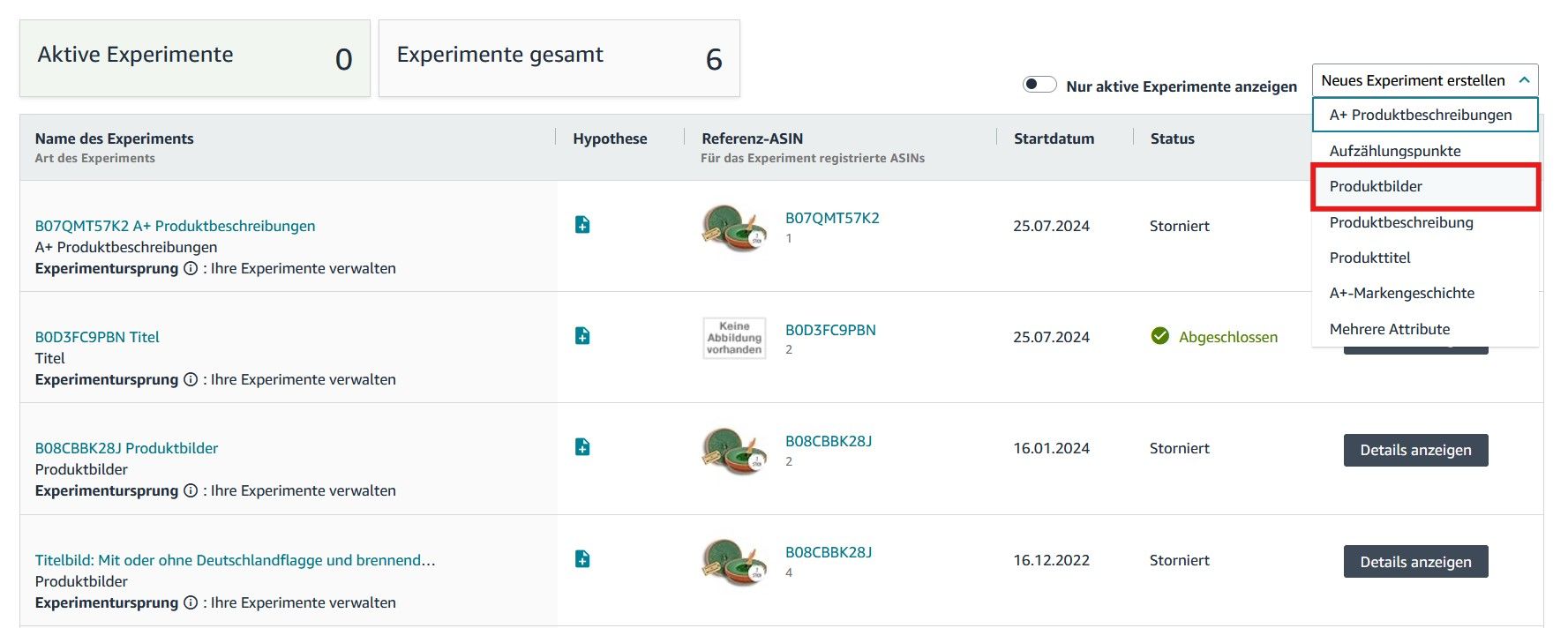 Neues A/B-Experiment erstellen für Produktbilder