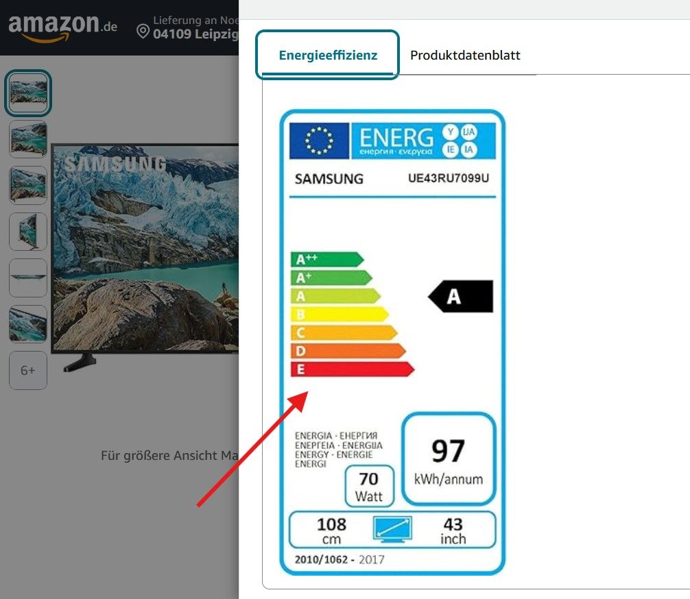 Energie-Effizienz-Label im Produktdatenblatt