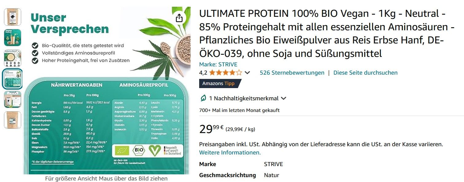 Nährwertangaben eines Produktes auf der Produktdetailseite