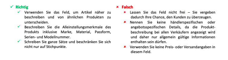 Orientierungshilfe für Produktbeschreibung
