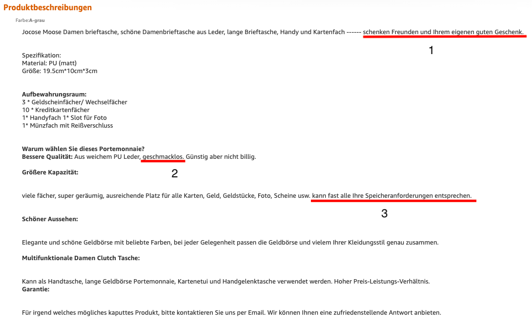 Beispiel für eine Produktbeschreibung mit Fehlern