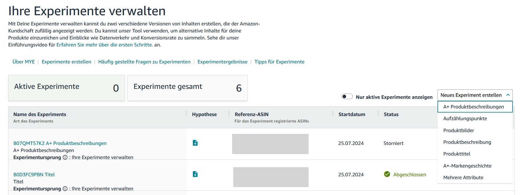 Ein A/B-Experiment in Seller Central oder Vendor Central erstellen