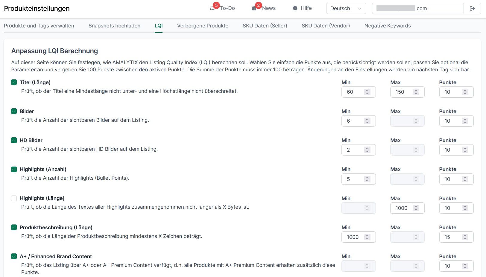 AMALYTIX Listing Quality Index Produkteinstellungen