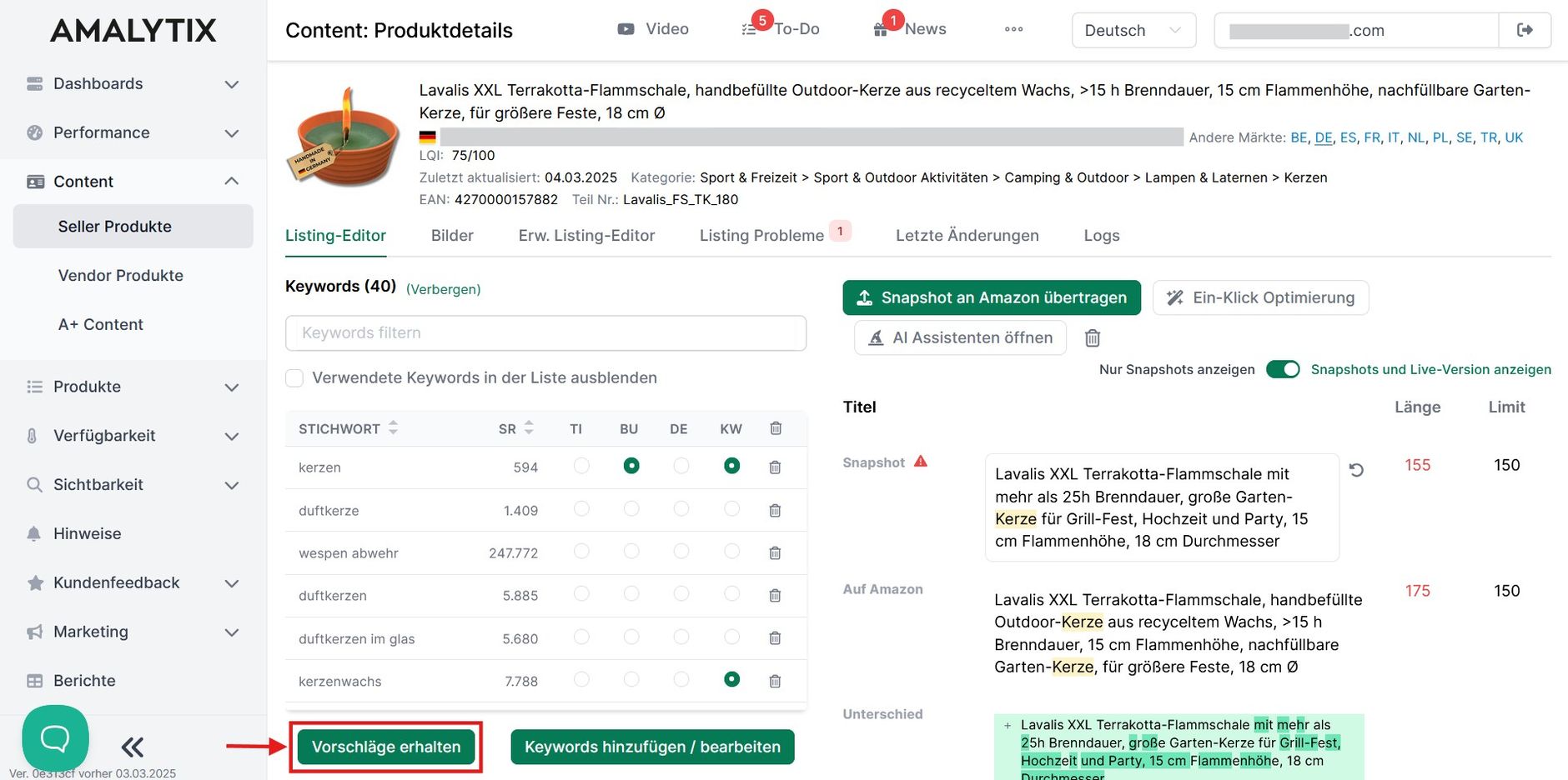 Amazon Keyword-Recherche in Amalytix