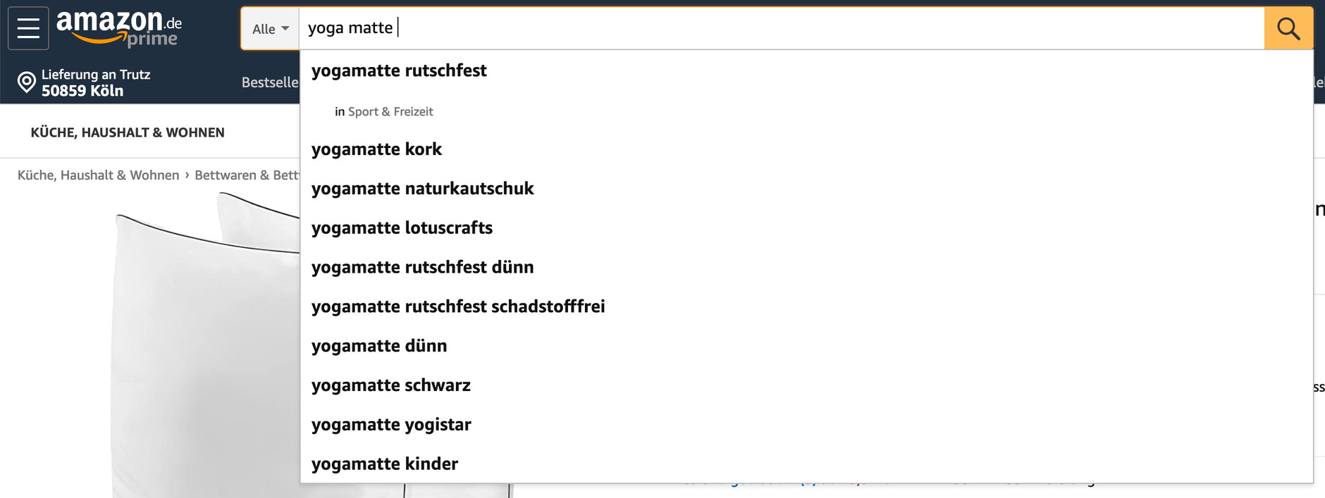 Amazon Marketplace SEO - Abbildung der Amazon Suggest Ergebnisse am Beispiel mit dem Suchbegriff Yoga Matte