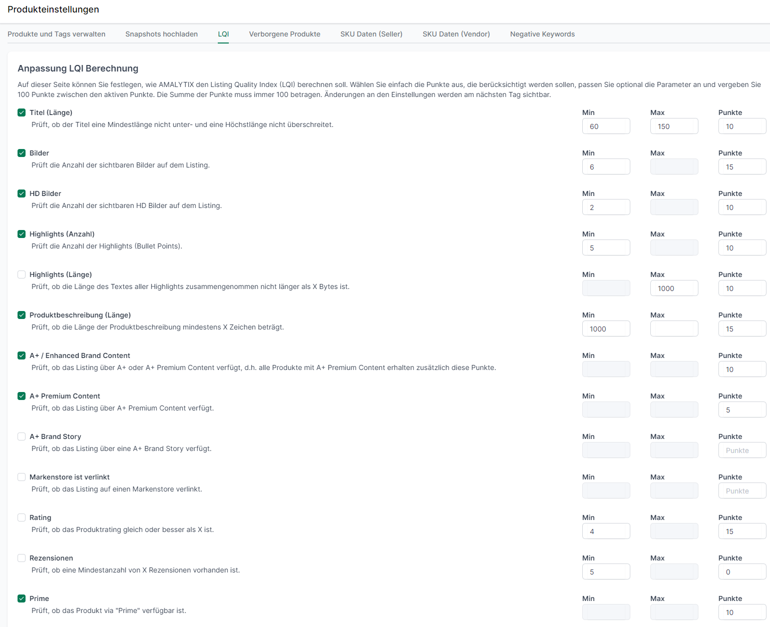 Amazon Content - Amazon Produktinformationen ändern und überwachen - Einstellungen des Listing-Quality-Index im AMALYTIX Amazon Tool