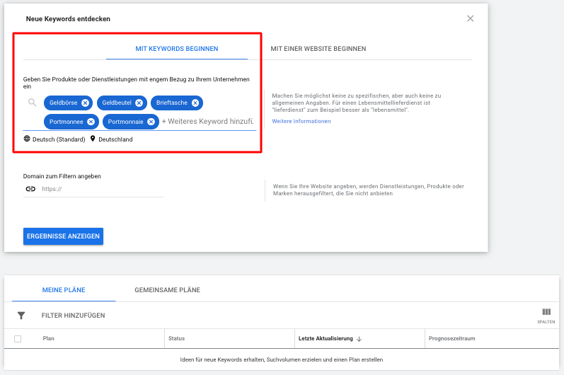 Google Keyword Planner Recherche mit Geldbeutel als Suchbegriffs-Beispiel