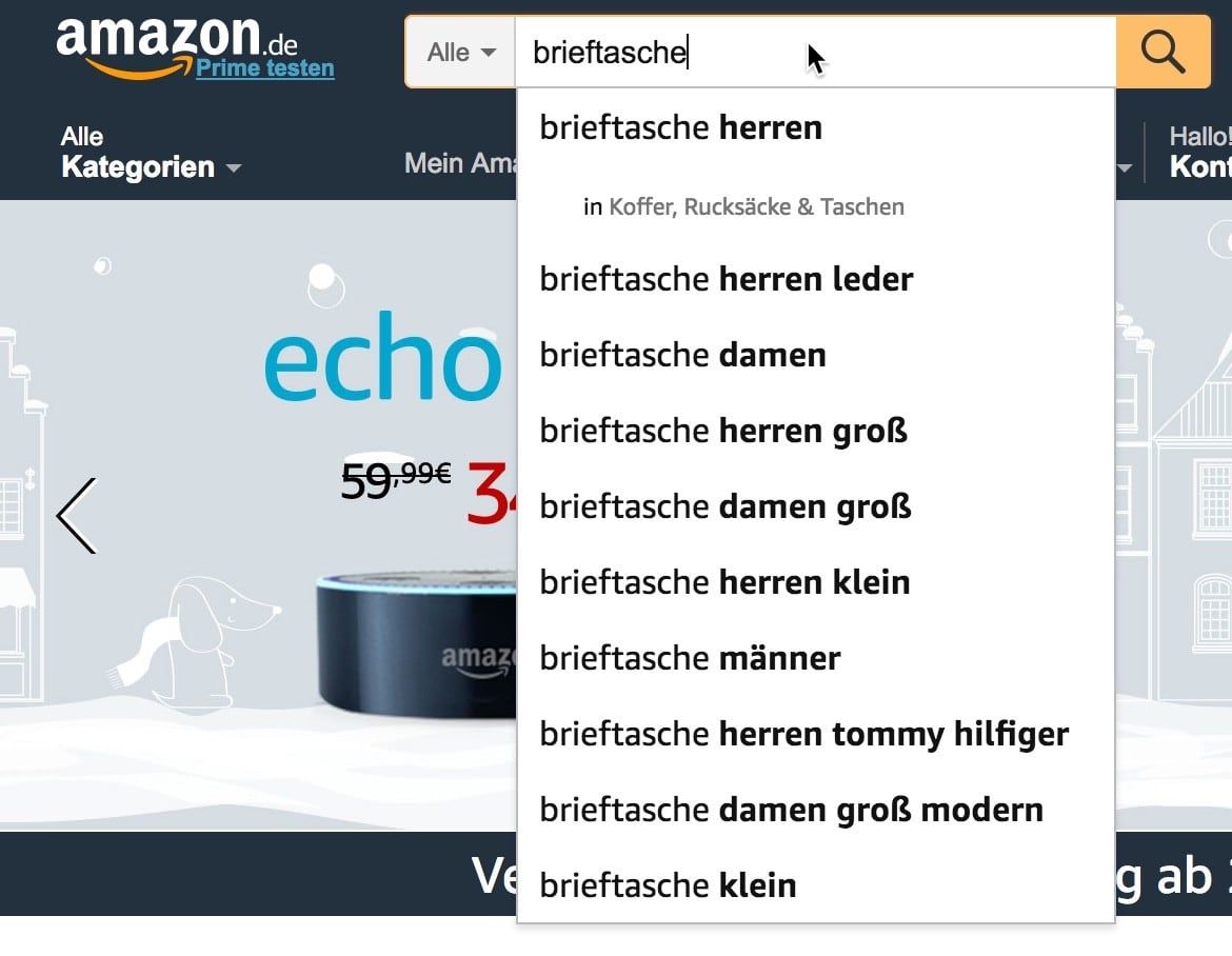 Abbildung der Amazon Suchleiste mit dem Keyword Brieftasche als Beispiel für die Keyword-Recherche mit Amazon Suggest