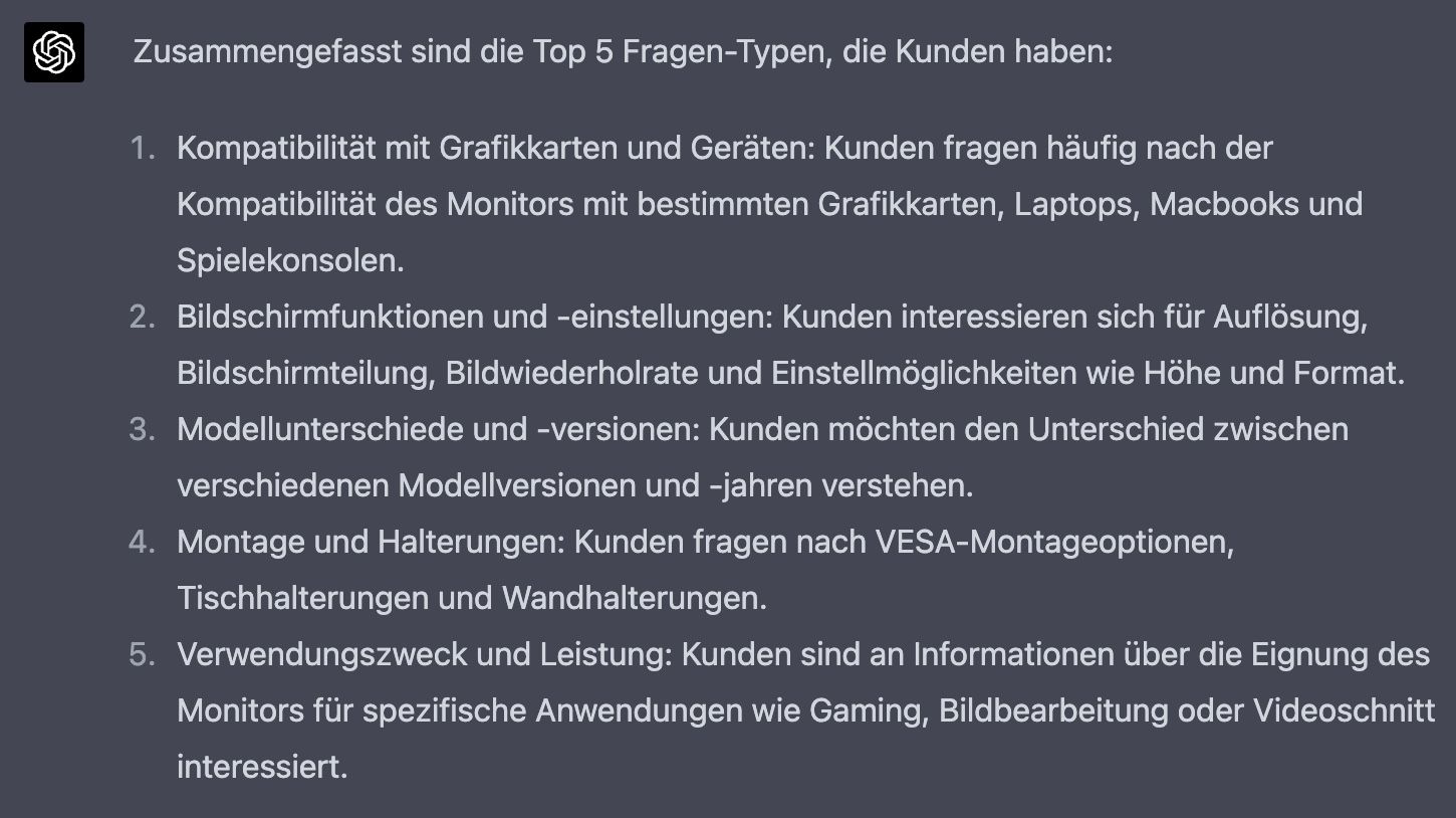 Antwort von ChatGPT mit einer Zusammenfassung der häufigsten Kundenfragen