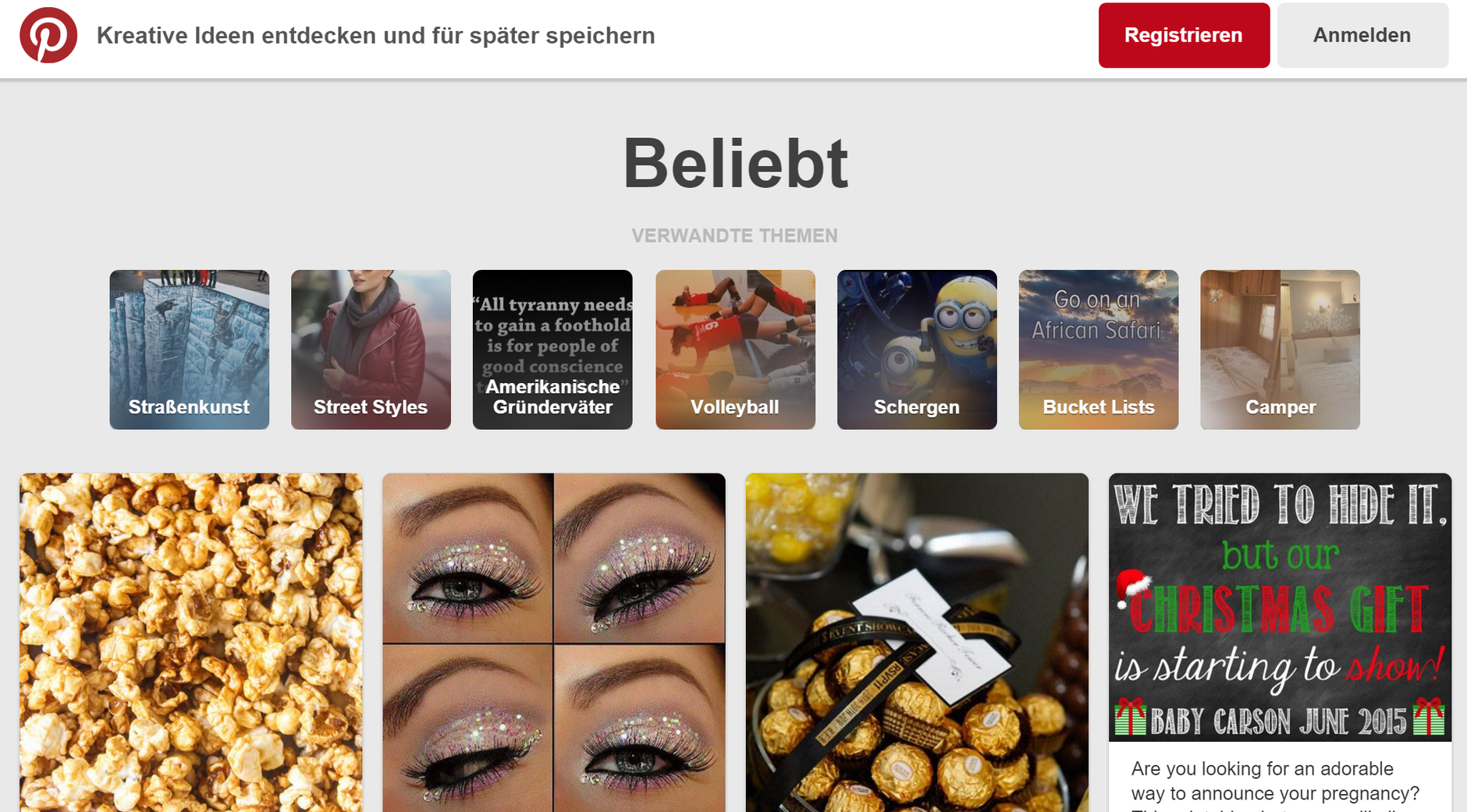 Screenshot der Pinterest Webseiten-Startseite als Beispiel für einen Blog