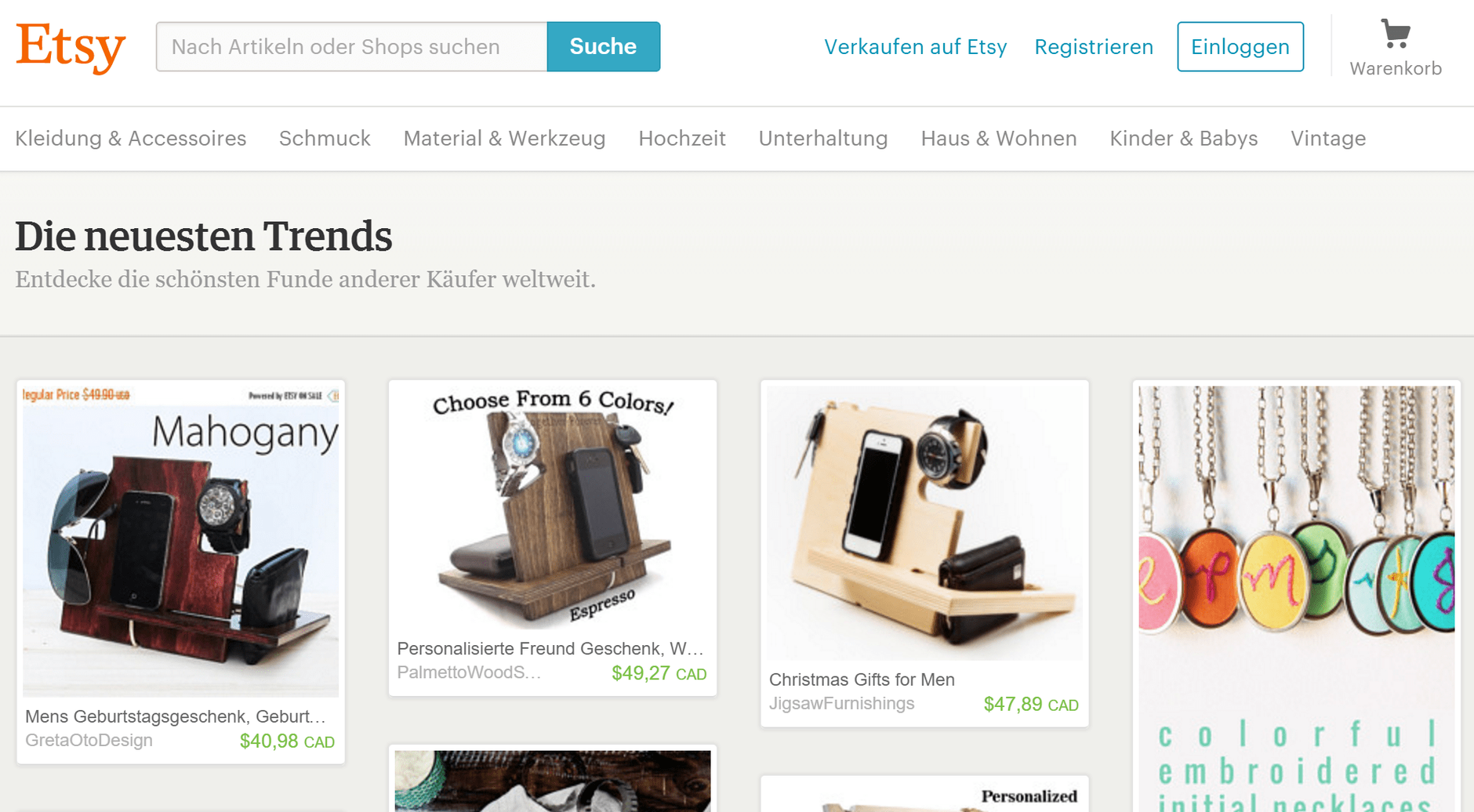 Screenshot der Etsy Webseiten-Startseite als Beispiel für Sonstige Plattformen