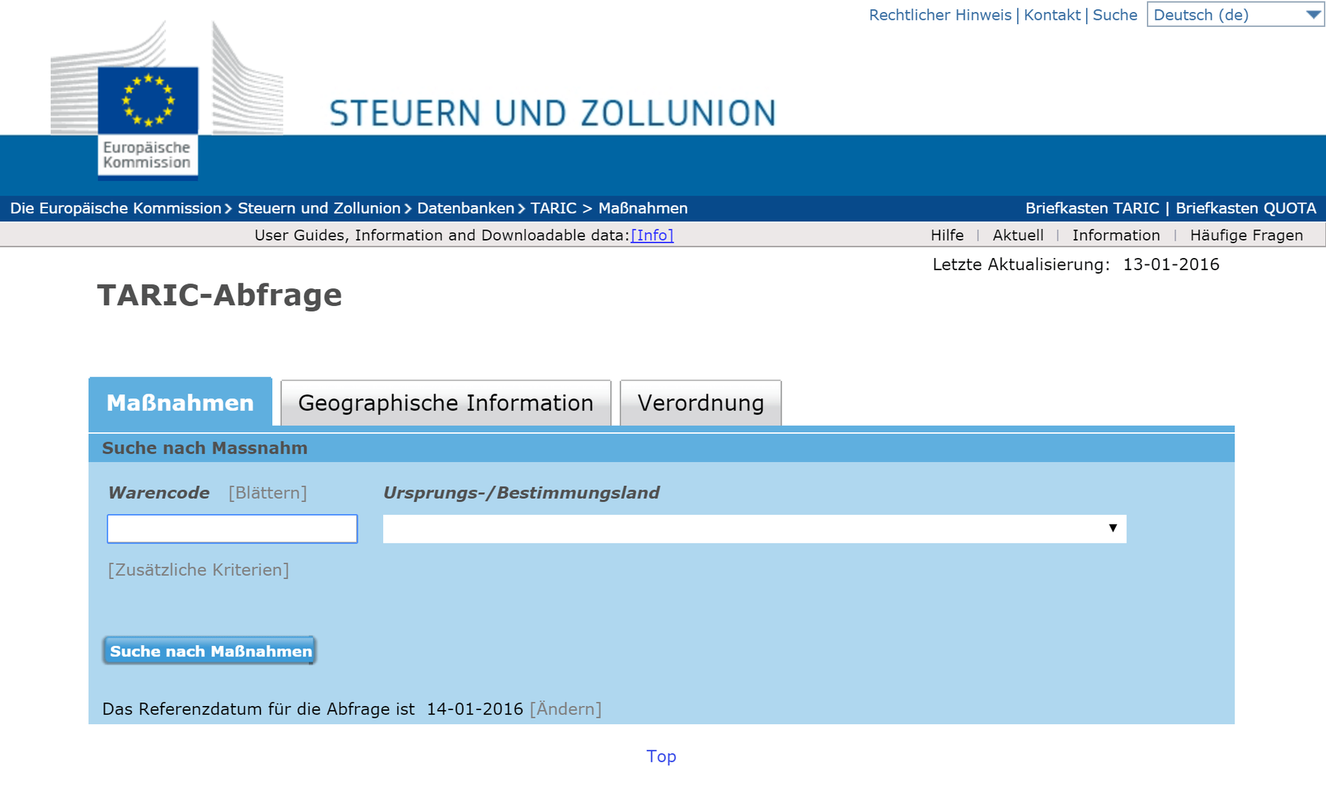 Abbildung der TARIC-Abfrage für die Berechnung des Zollsatzes als Basis der Amazon Stückkosten