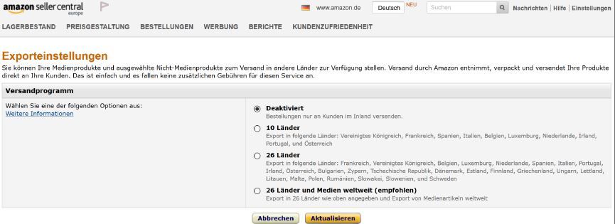 Amazon Seller Central Exporteinstellungen